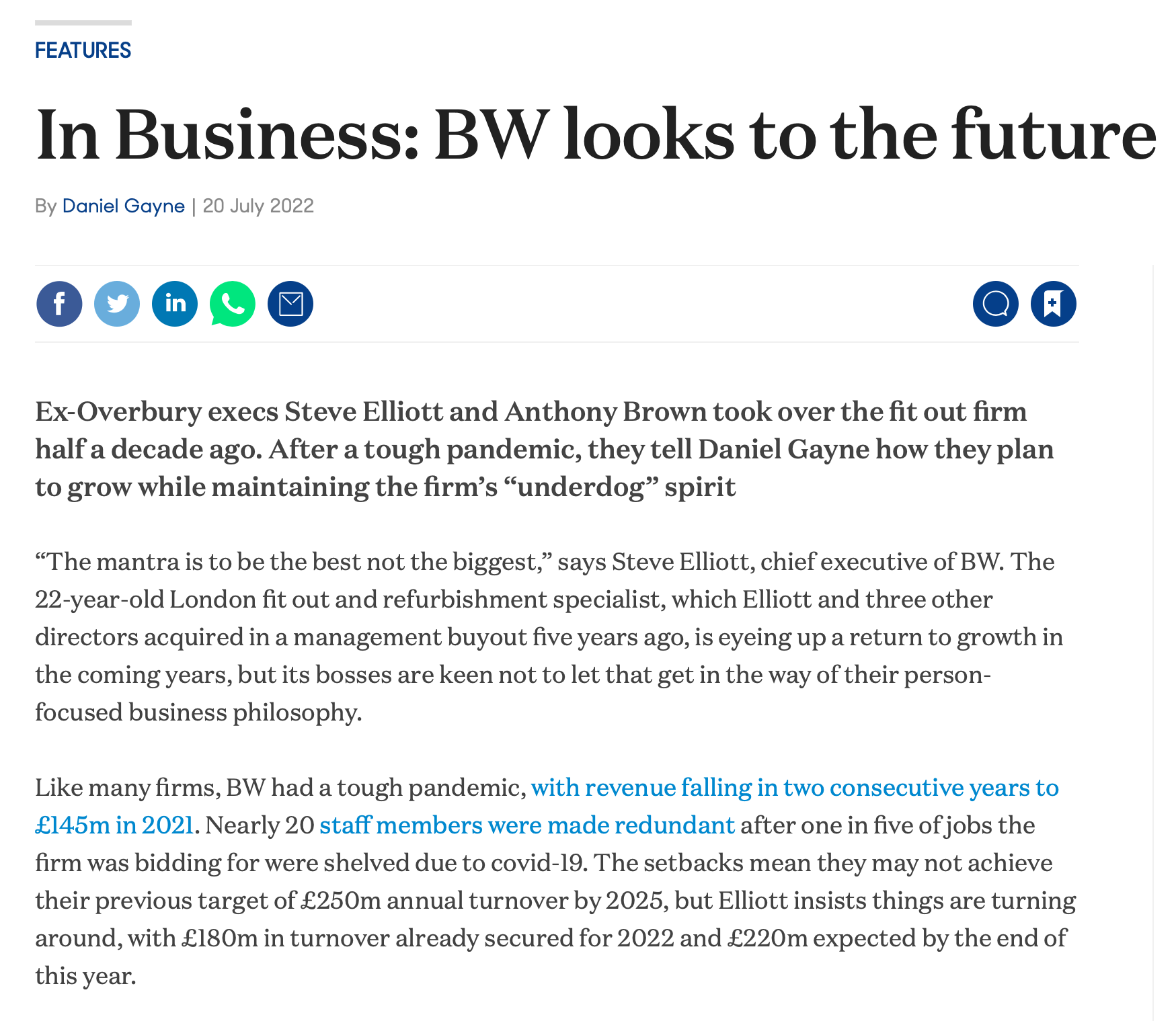 Thank you to Building Magazine for highlighting the continuous growth and forward-thinking fit-out firm, BW.